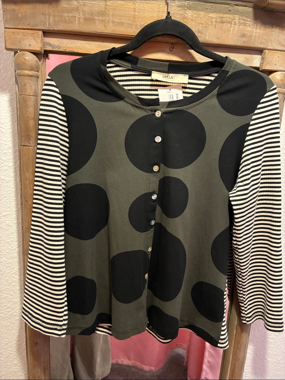 Urban Alembika Olive Black Polka Dot Striped Button Front Lagenlook Top 1